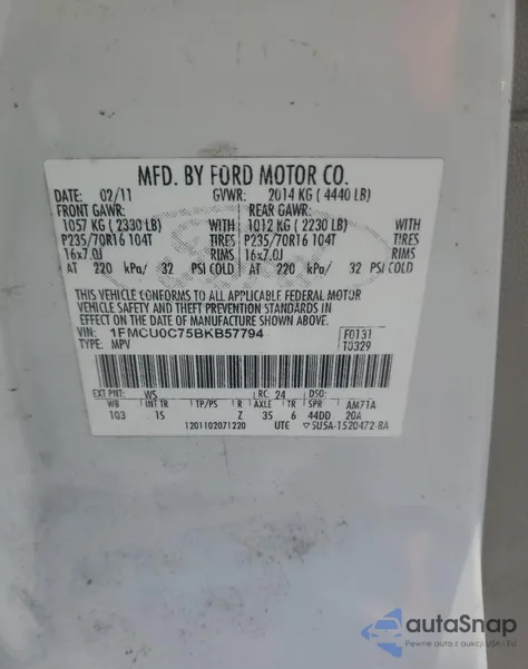 2011 Ford Escape Xls из США, поврежденный, VIN 1FMCU0C75BKB57794